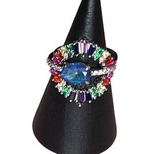 Blue and Green Cocktail Ring with Sunburst Design